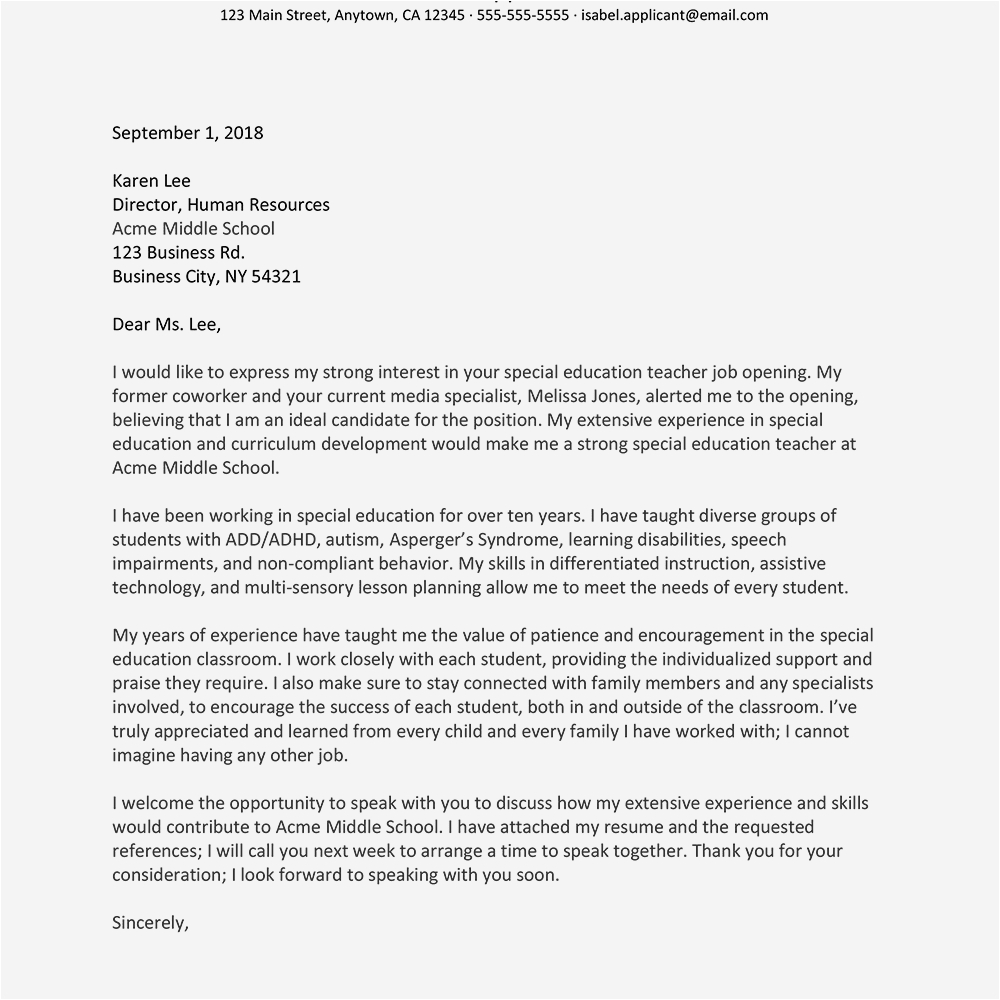 special education cover letter example