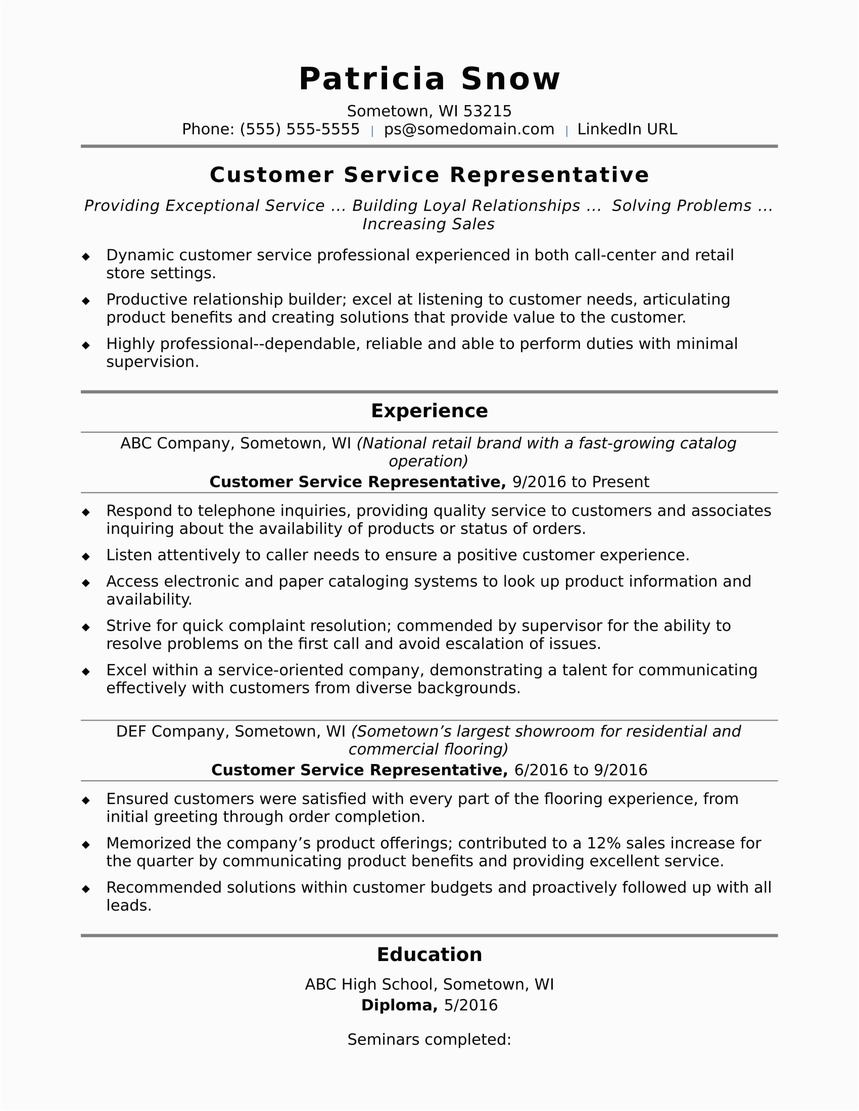 Sample Resume Customer Service Representative Skills