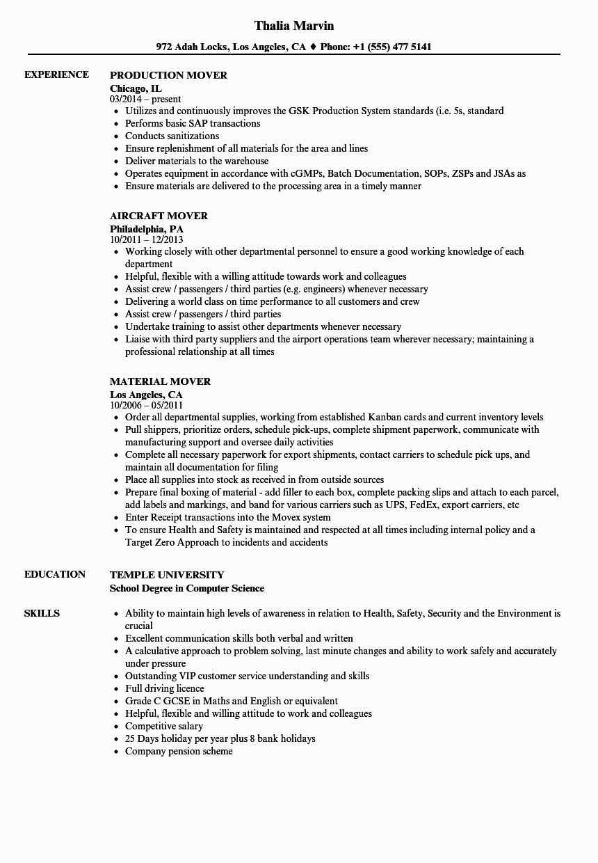 mover resume sample