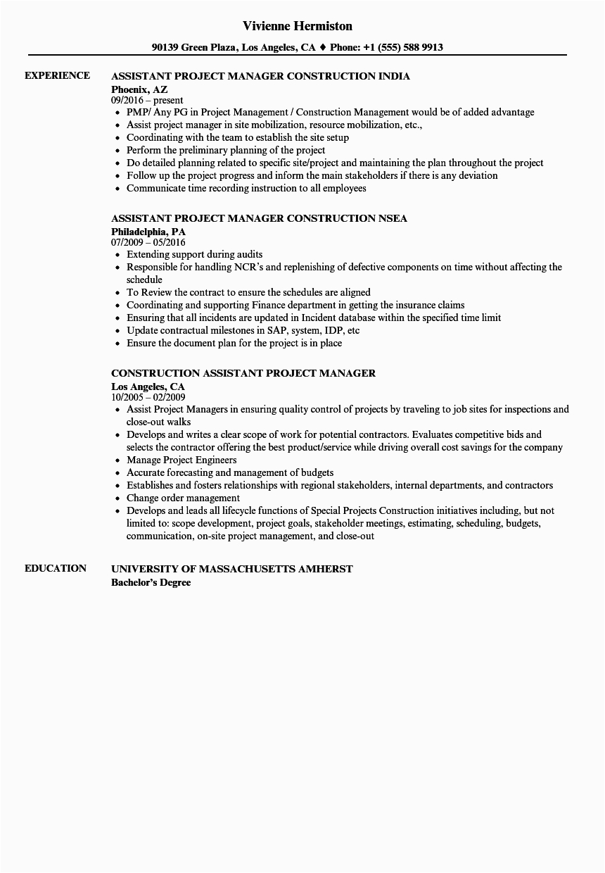 Sample Resume for assistant Project Manager Construction Construction assistant Project Manager Resume Samples