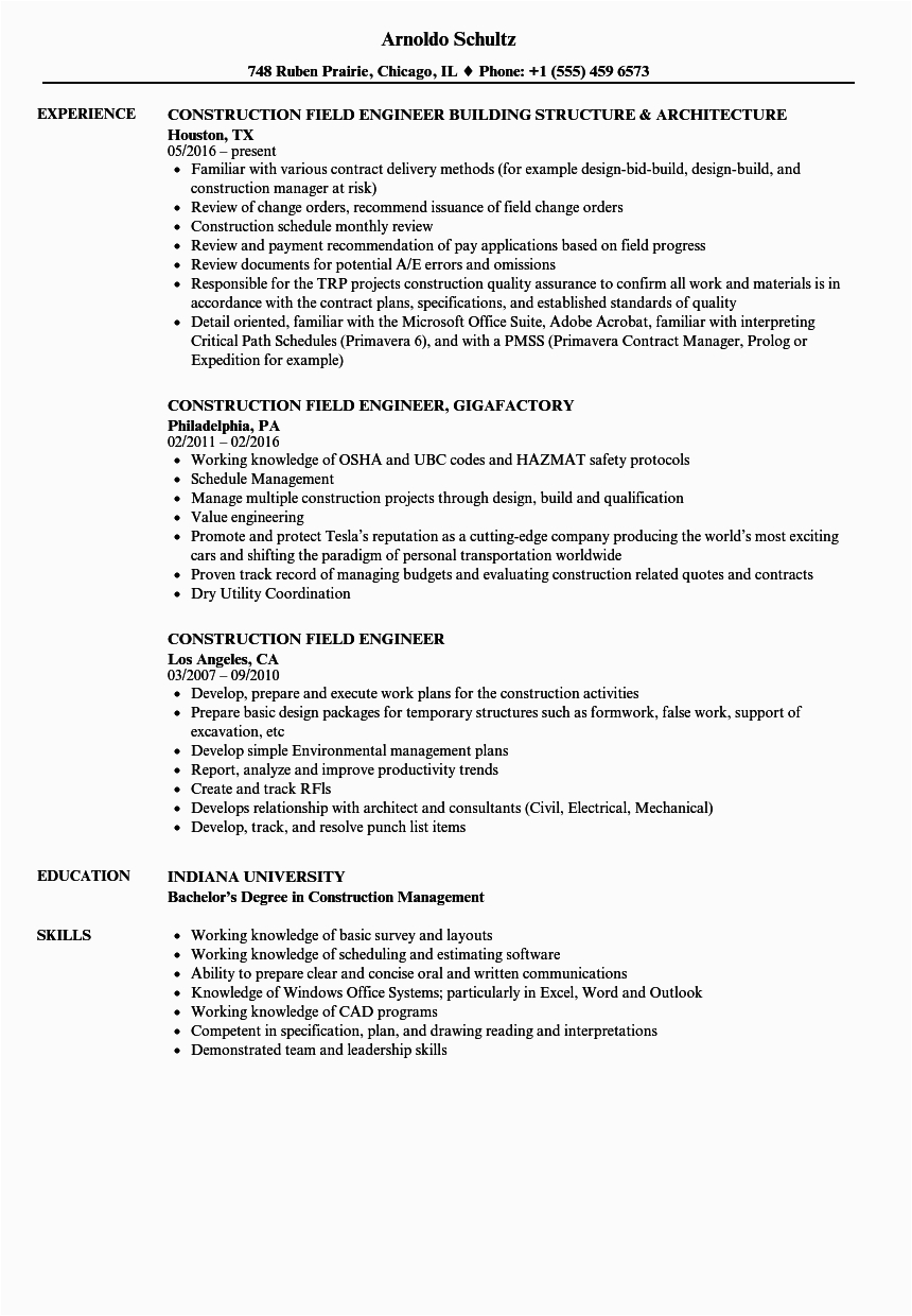 Sample Resume for Electrical Engineer In Construction Field Construction Field Engineer Resume Samples