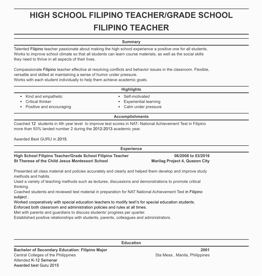 resume sample for teachers in the philippines