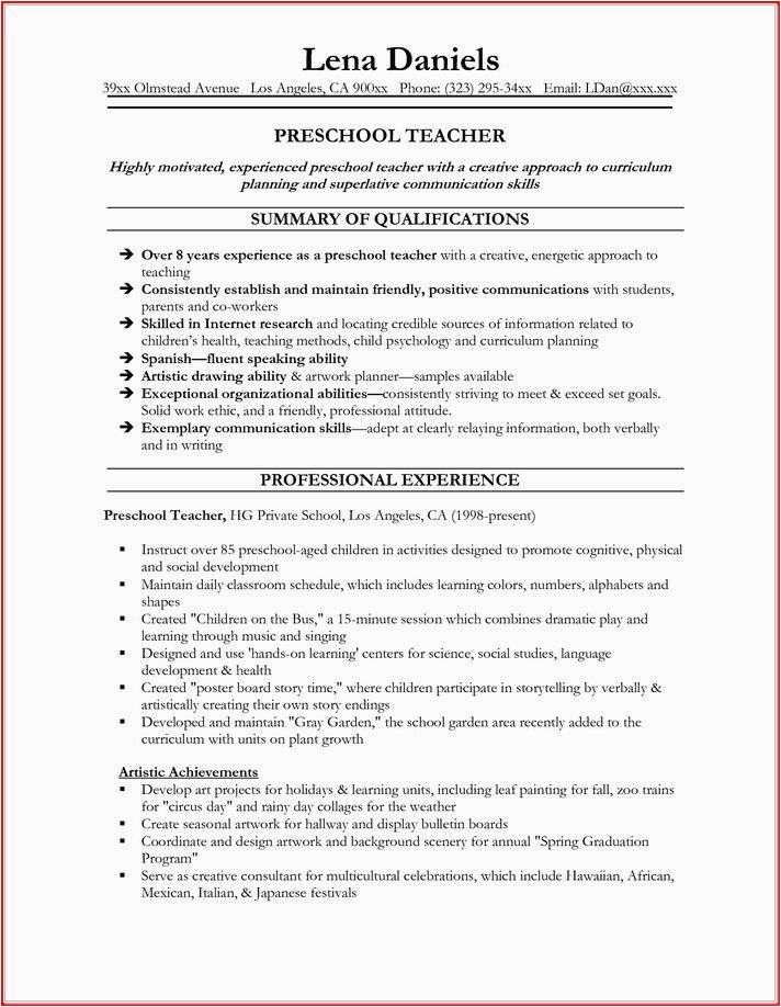 Sample Resume for Elementary Teachers without Experience Resume for Preschool Teacher without Experience