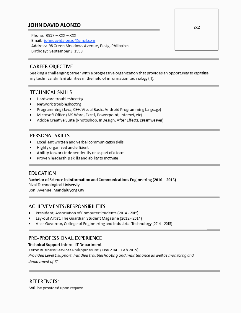 resume fresh graduate without work experience