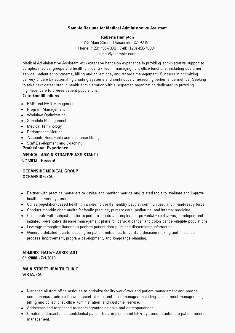sample resume for medical administrative assistant