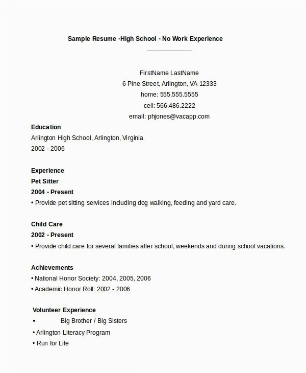 resume for highschool graduates with no work experience