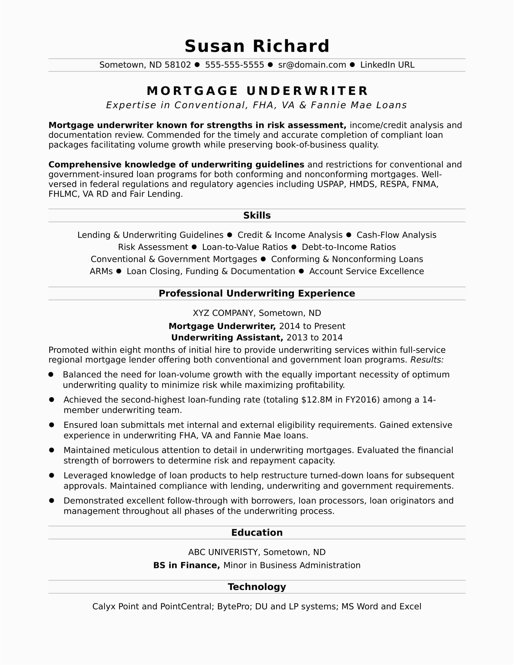 sample resume mortgage underwriter