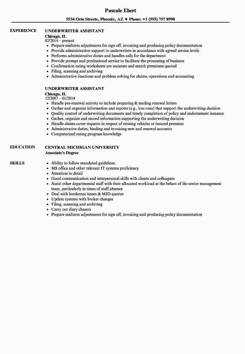 underwriter assistant resume sample