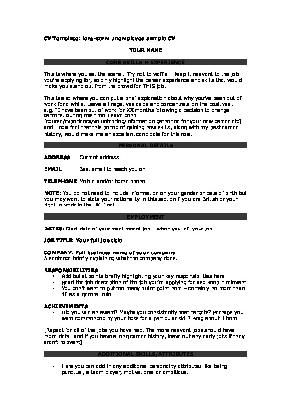 Long term unemployed CV template totaljobs