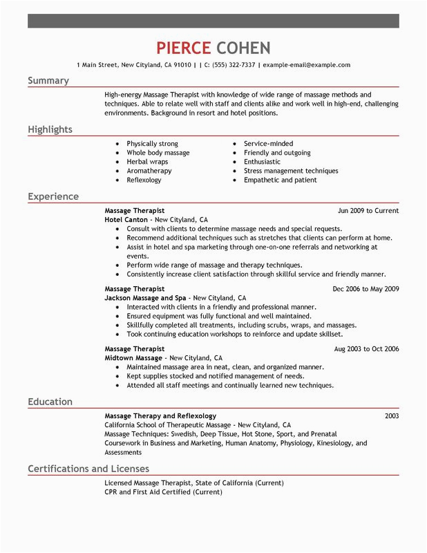 massage therapist resume sample