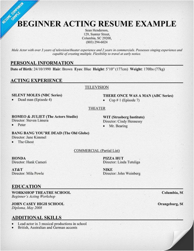 Sample Resume for Models and Actors Free Beginner Acting Resume Sample Resume Panion