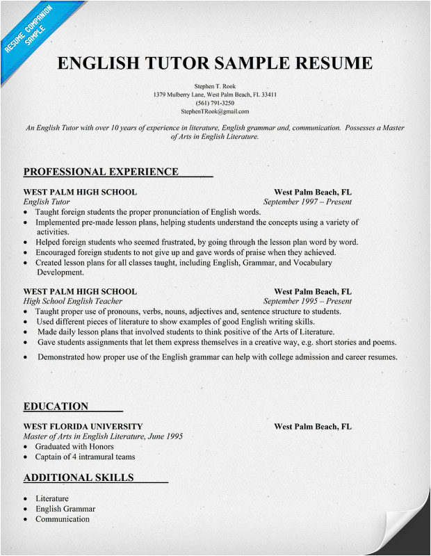Sample Resume for Online English Tutor English Tutor Resume Sample