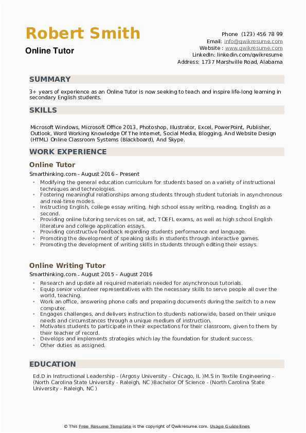 Sample Resume for Online English Tutor Line Tutor Resume Samples