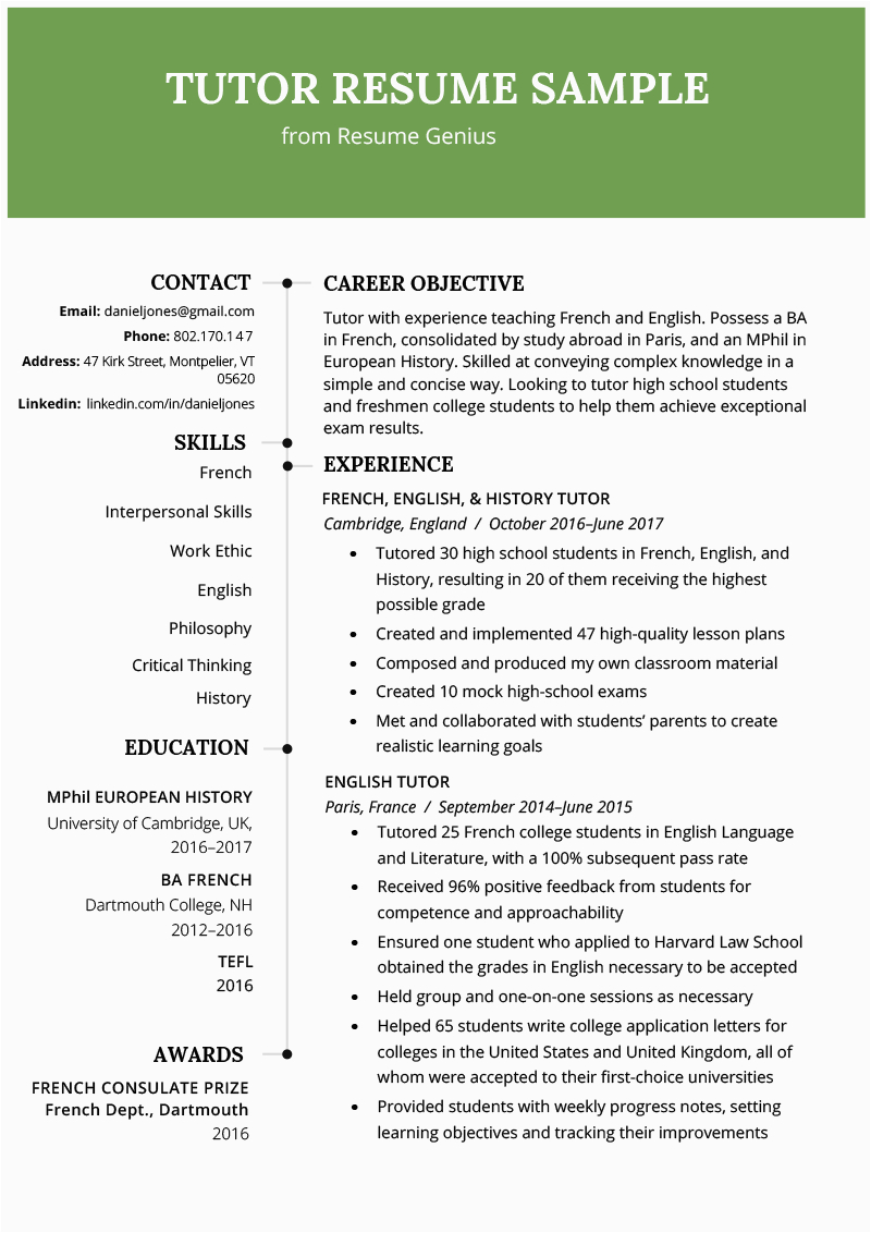 Sample Resume for Online English Tutor Resume Genius Login