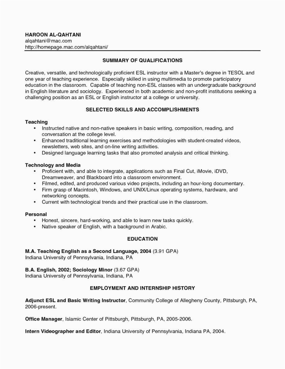 sample resume for online esl teacher