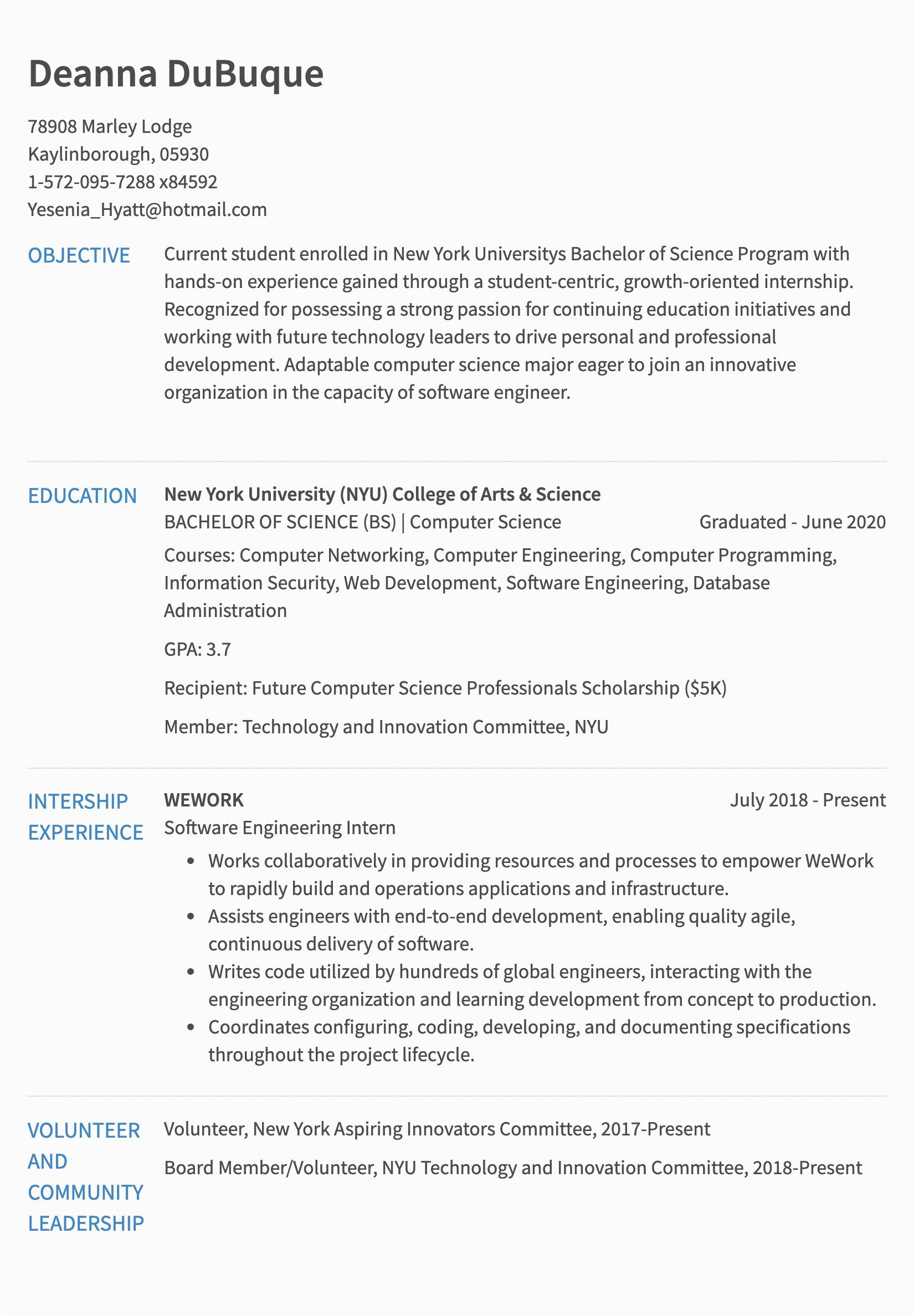 resume template internship student