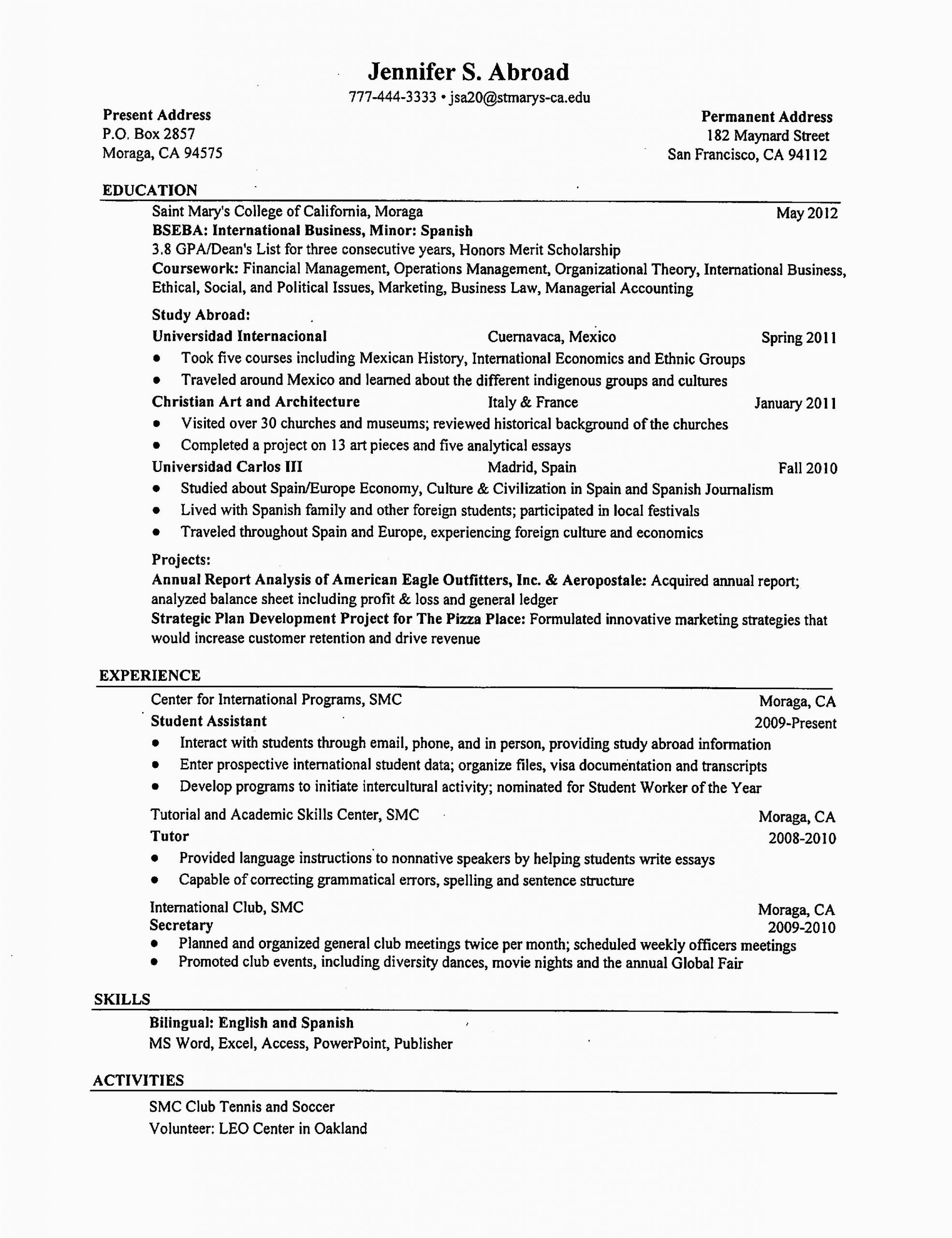 Sample Resume for Study Abroad Application Resume Tips