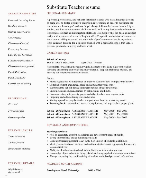 Sample Resume for Substitute Teacher with No Experience 9 Substitute Teacher Resume Templates Pdf Doc