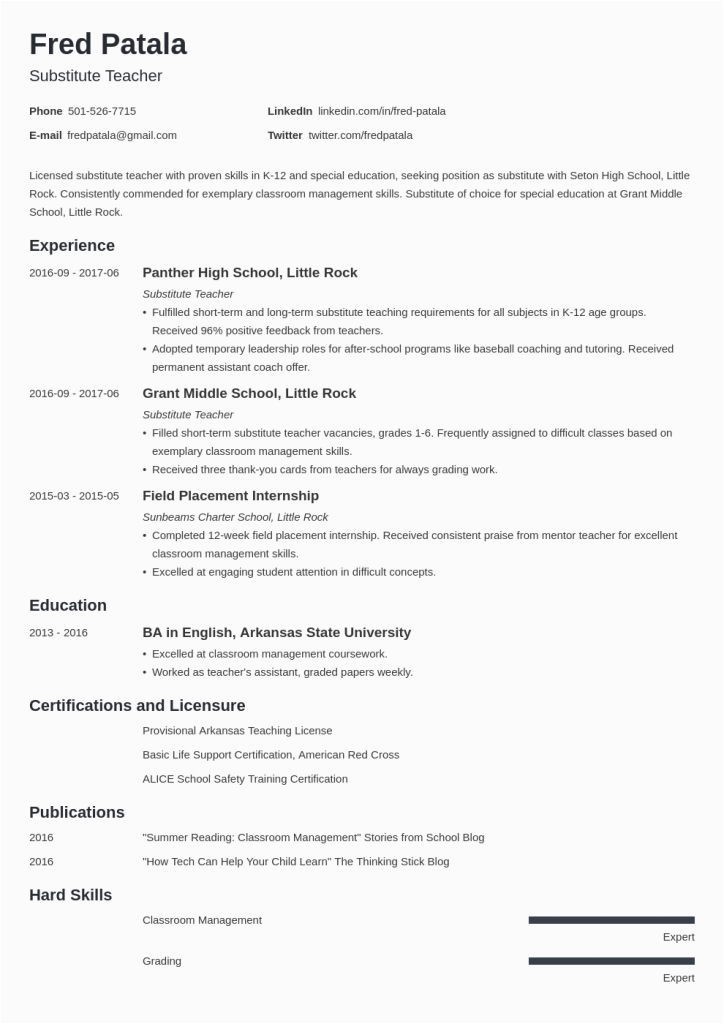 Sample Resume for Substitute Teacher with No Experience Substitute Teacher Resume with No Experience 2021