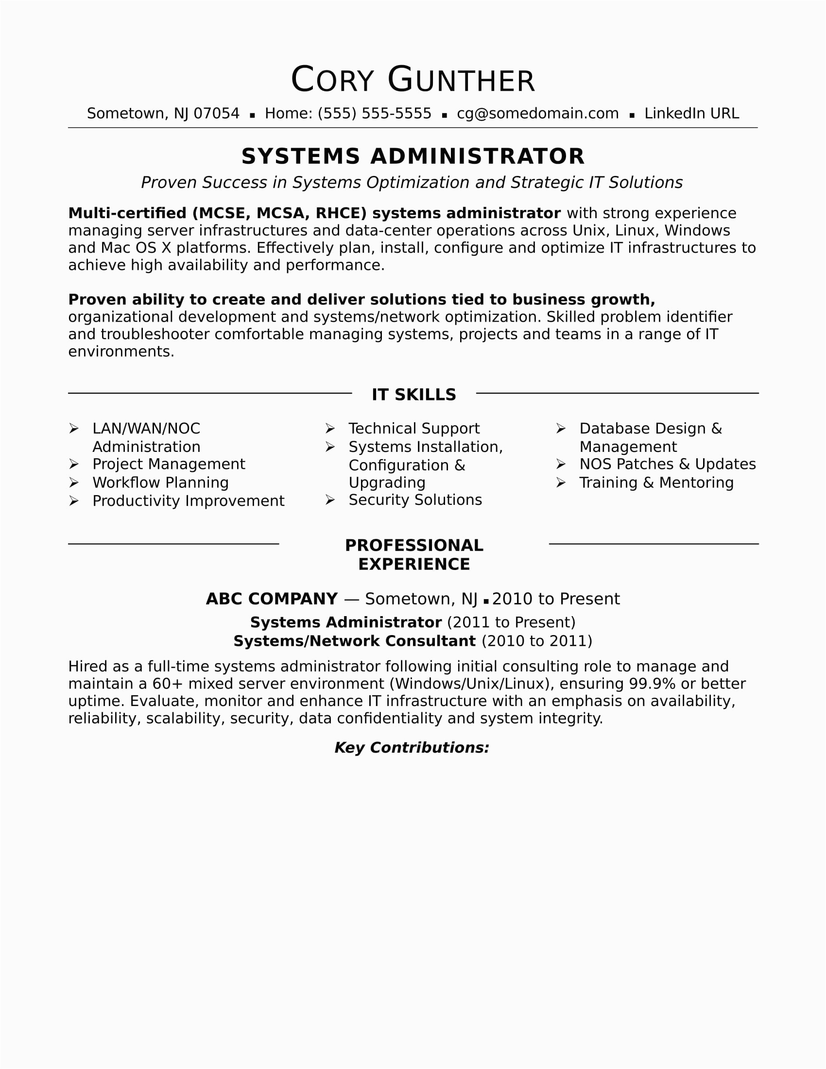 System Administrator Sample Resume 4 Years Experience Sample Resume for An Experienced Systems Administrator