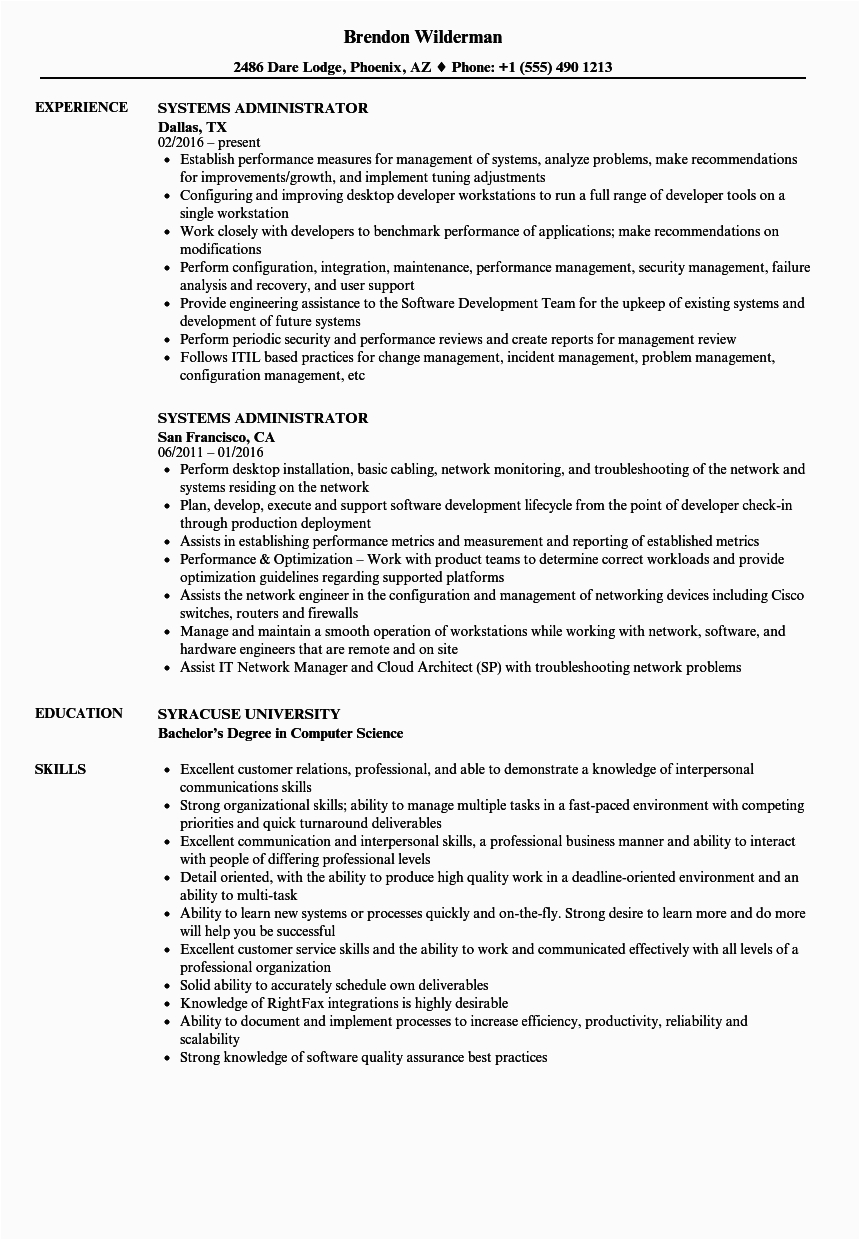 System Administrator Sample Resume 4 Years Experience Systems Administrator Resume Samples