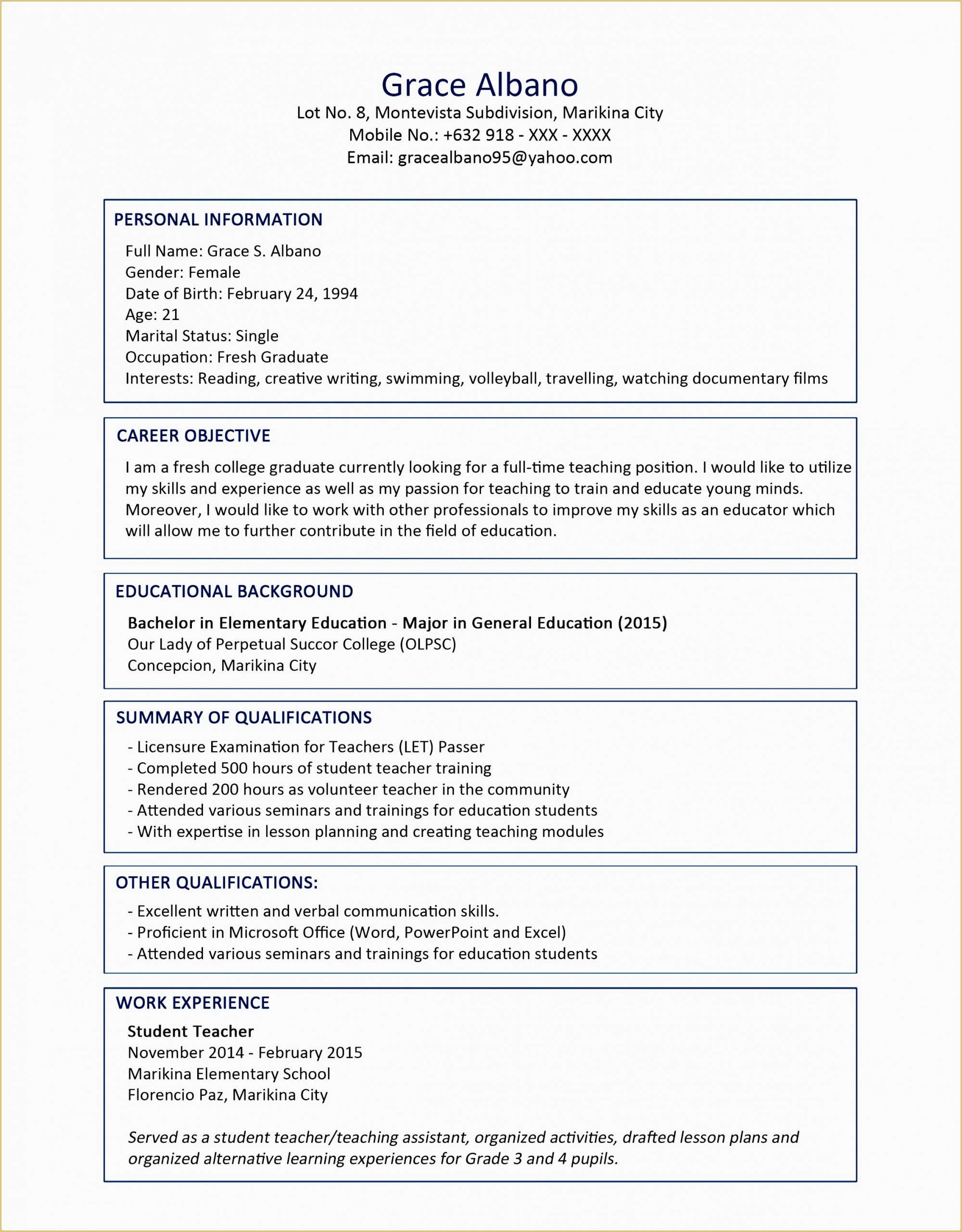 resume sample for fresh graduate k