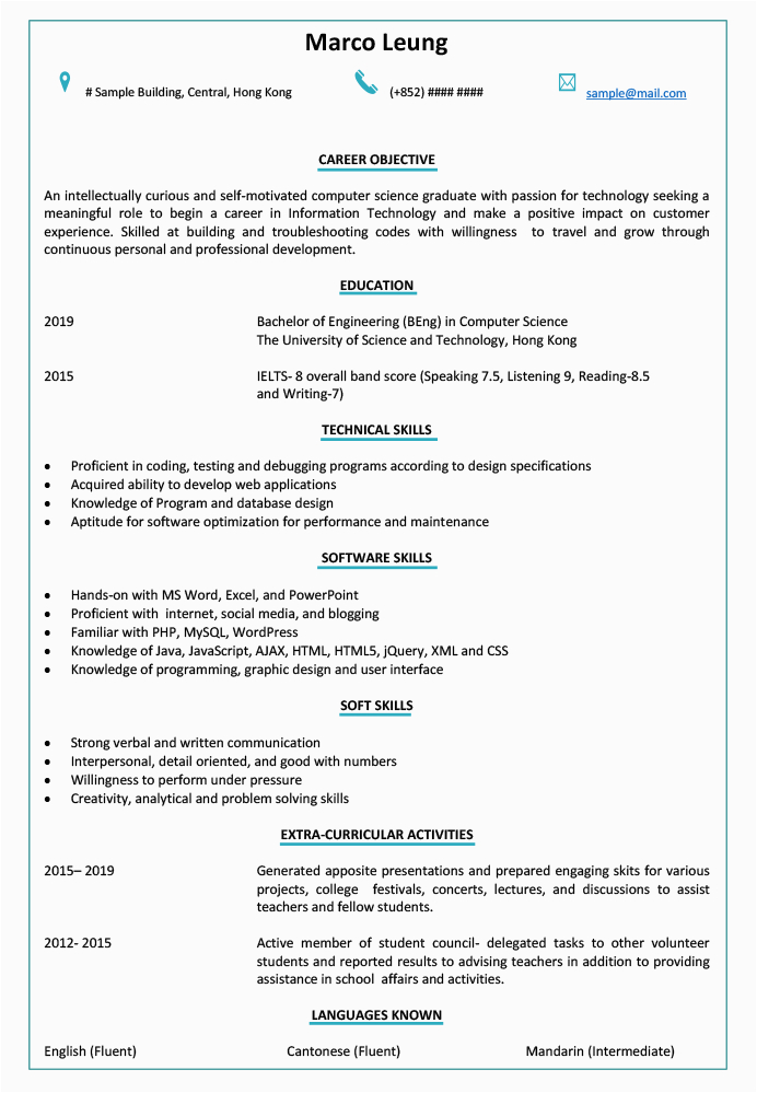 resume cv sample for fresh graduate