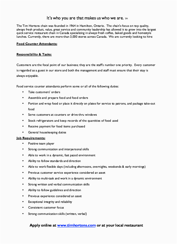 tim hortons job description for resume