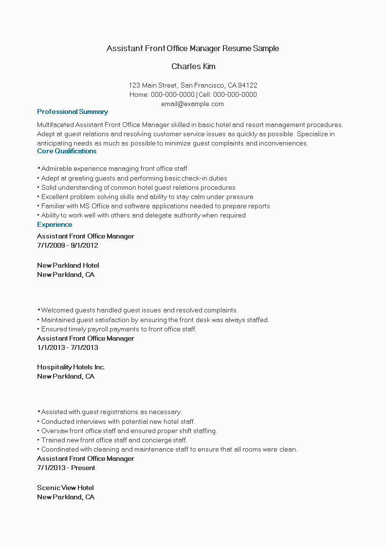 Assistant Front Office Manager Resume Sample assistant Front Fice Manager Resume Sample