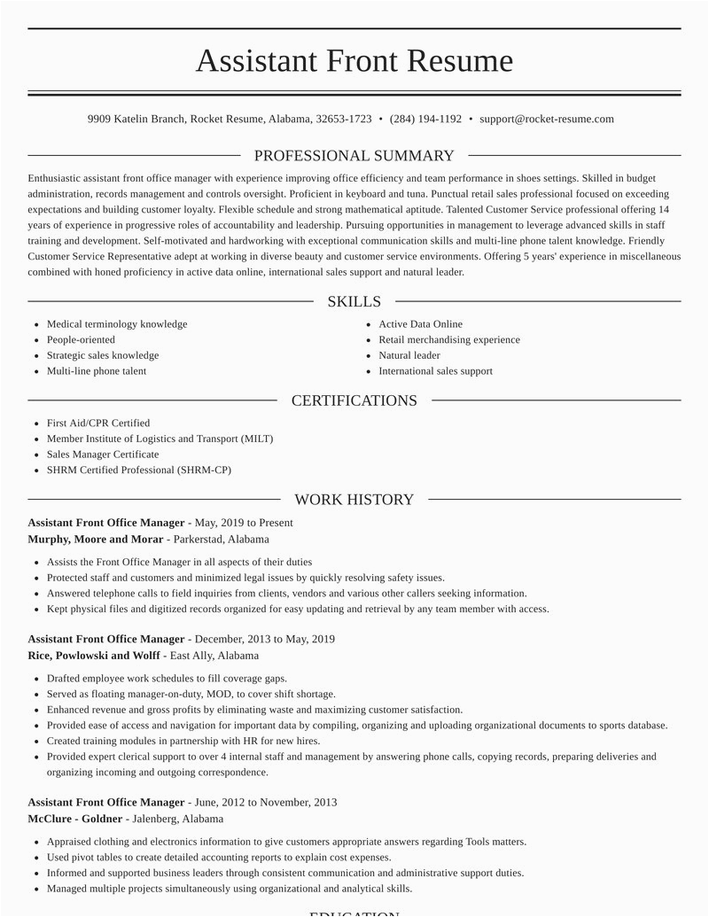 assistant front office manager role resumes templates and examples