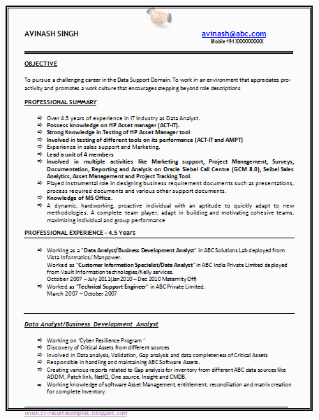 resume example 1 year experience