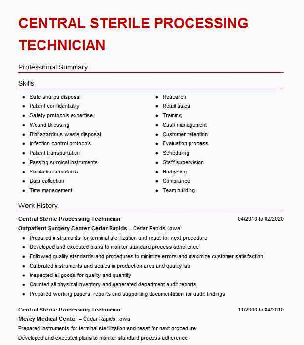 Central Sterile Processing Technician Sample Resume Central Sterile Processing Manager Resume Example Pany