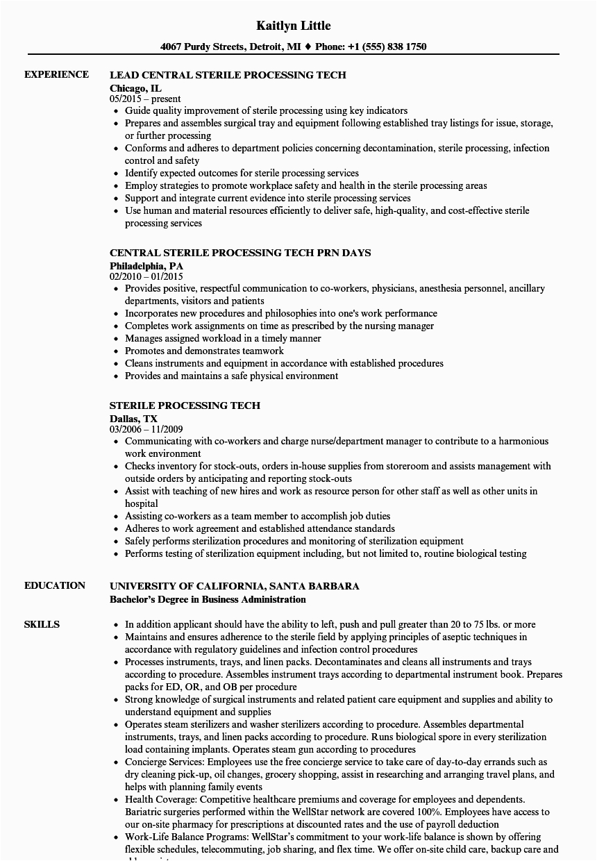 Central Sterile Processing Technician Sample Resume Sterile Processing Tech Job Description for Resume