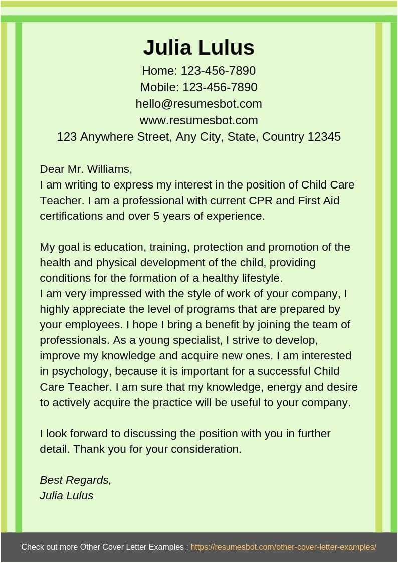 child care cover letter example