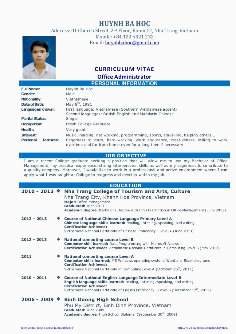 cv resume sample for fresh graduate of office administration