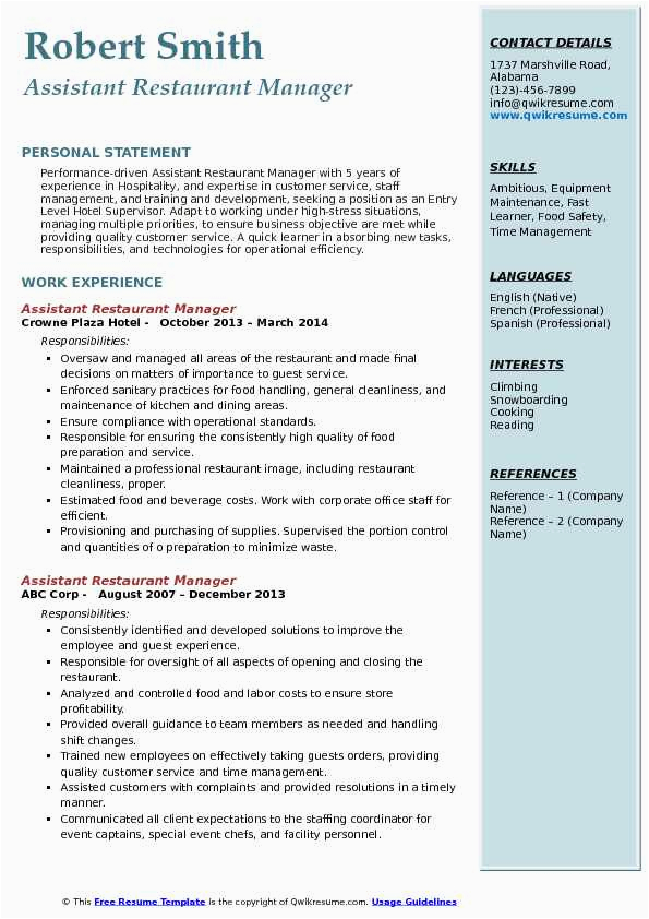 fast food assistant manager resume