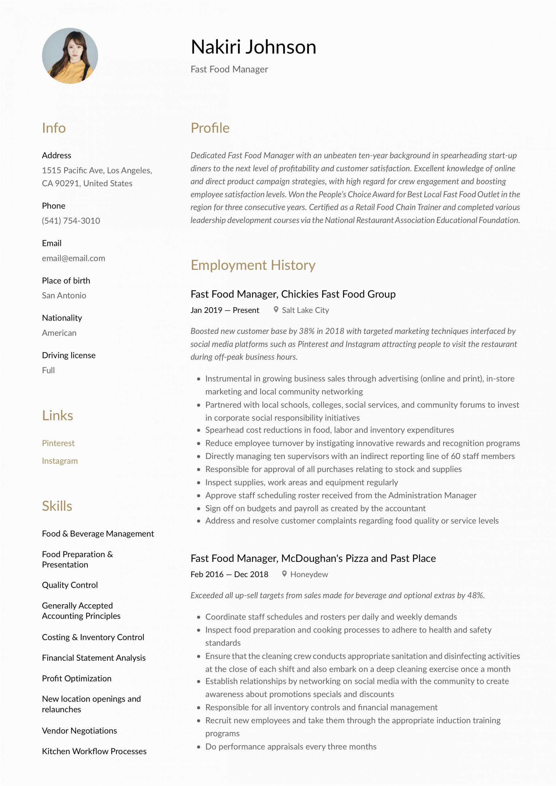 Fast Food assistant Manager Resume Sample Fast Food Manager Resume & Writing Guide 12 Examples