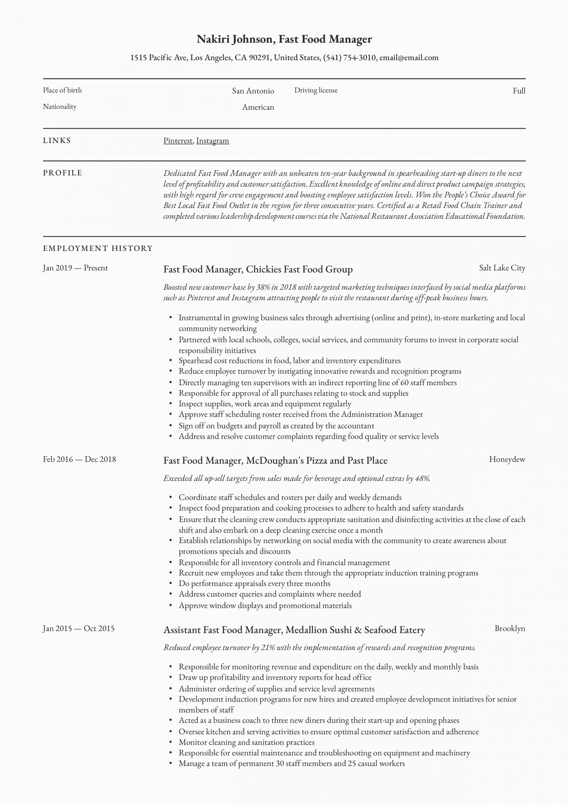 Fast Food assistant Manager Resume Sample Fast Food Manager Resume & Writing Guide 12 Examples