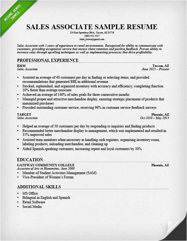 retail sales associate resume example