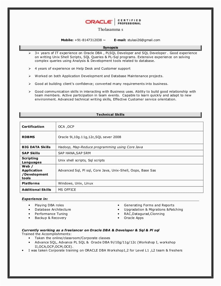 oracle dba resume sample for fresher