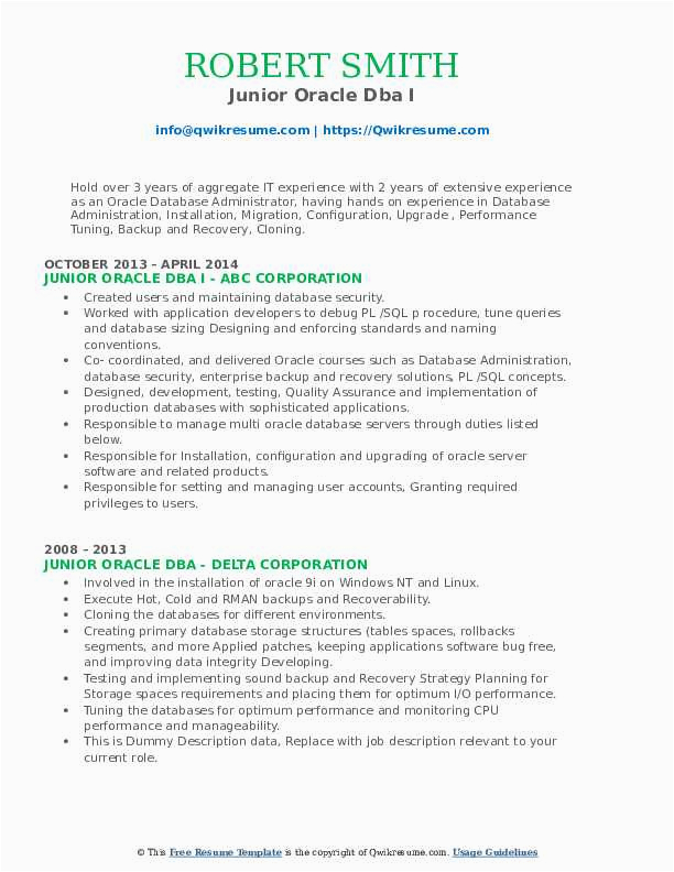 Oracle Dba Sample Resume for 2 Years Experience Junior oracle Dba Resume Samples