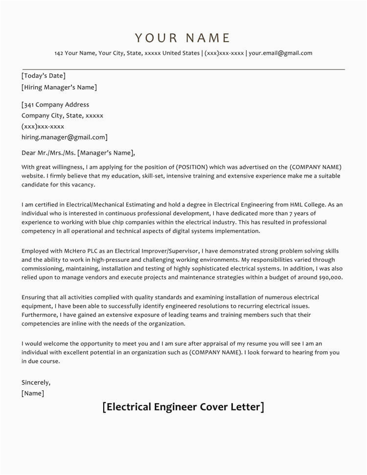 cover letter sample for electrical engineer