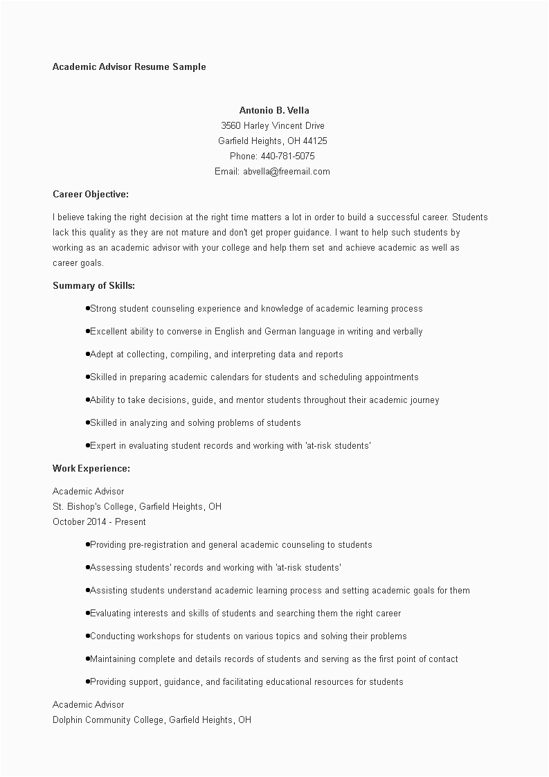 Sample Resume for Academic Advisor Position Academic Advisor Resume