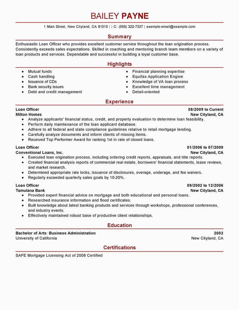 loan officer resume example