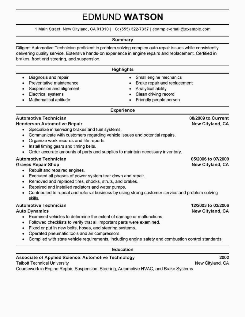 Sample Resume for Auto Mechanic Technician Best Automotive Technician Resume Example From