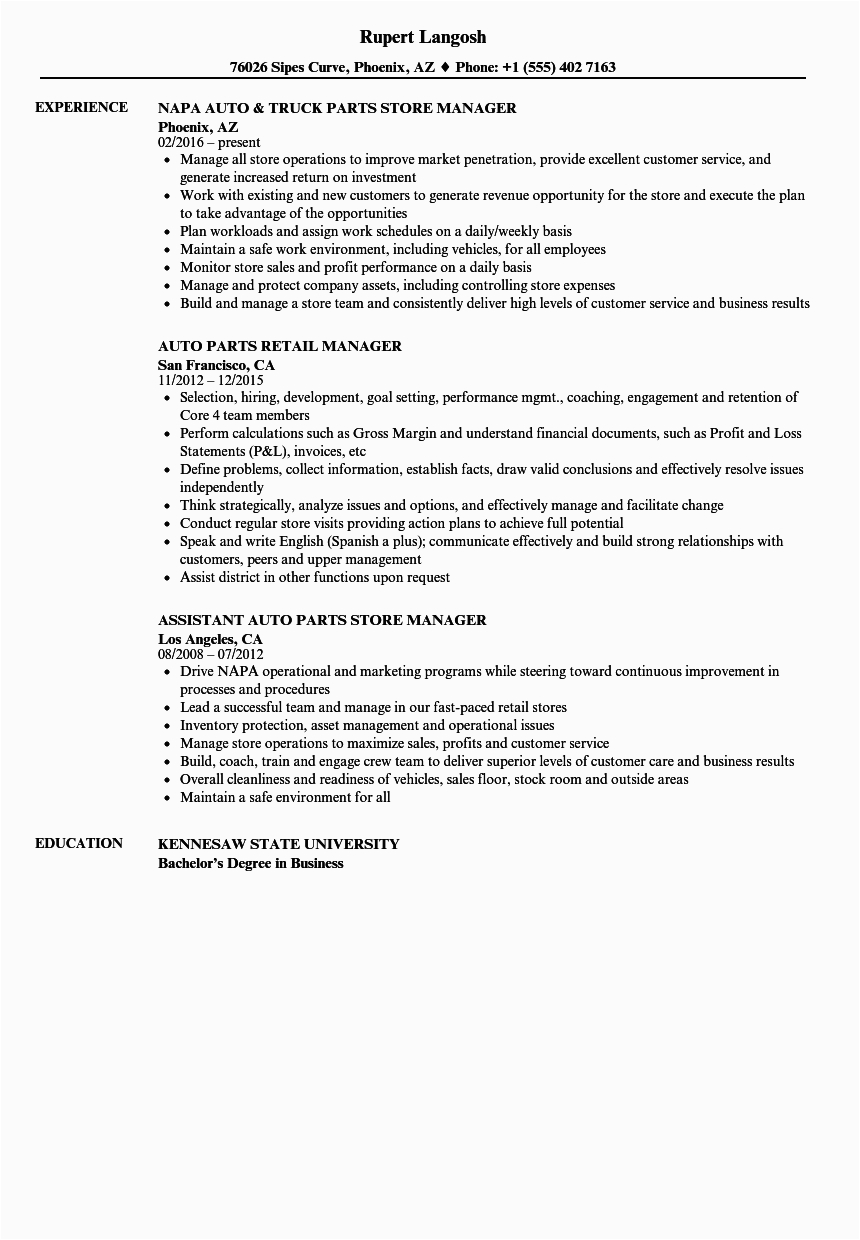 Sample Resume for Auto Parts Manager Auto Parts Manager Resume Samples