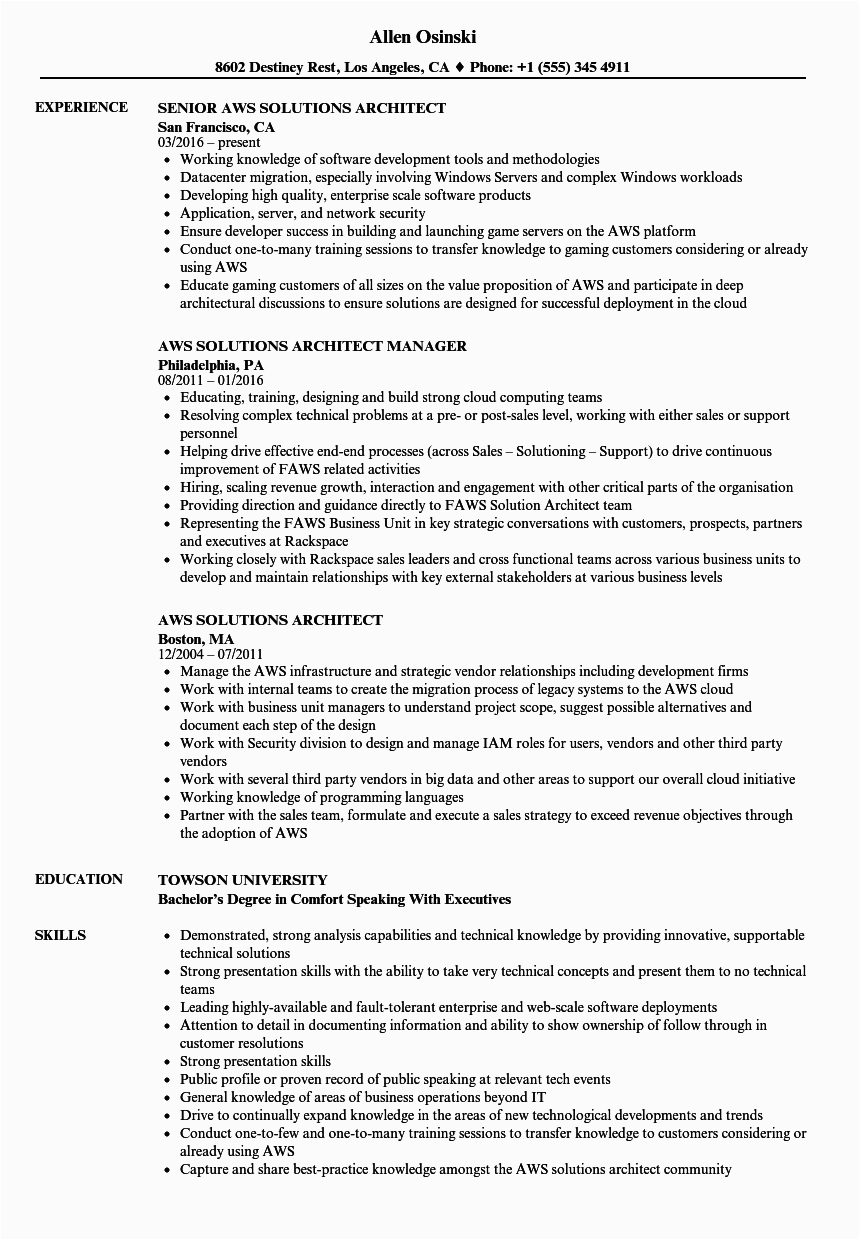 aws solutions architect resume sample