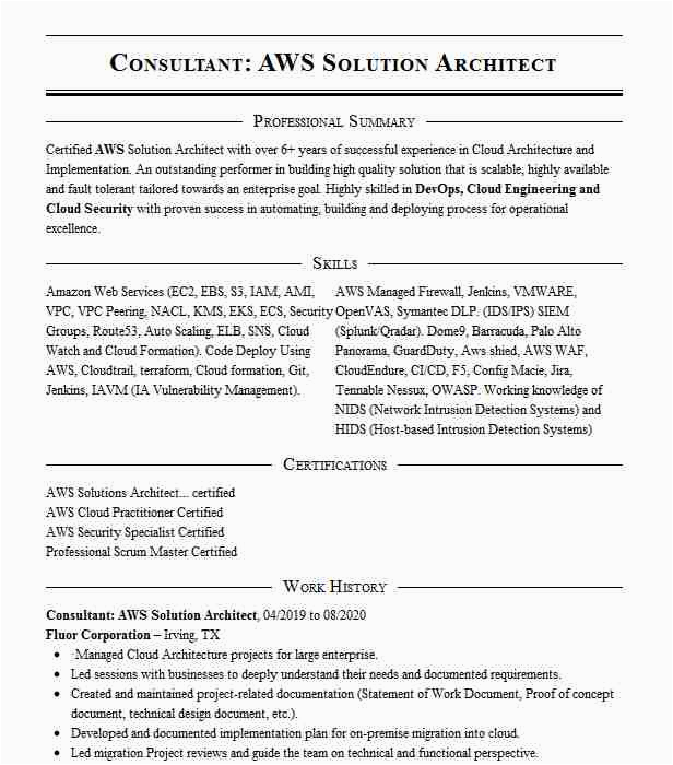 sample resume for aws solution