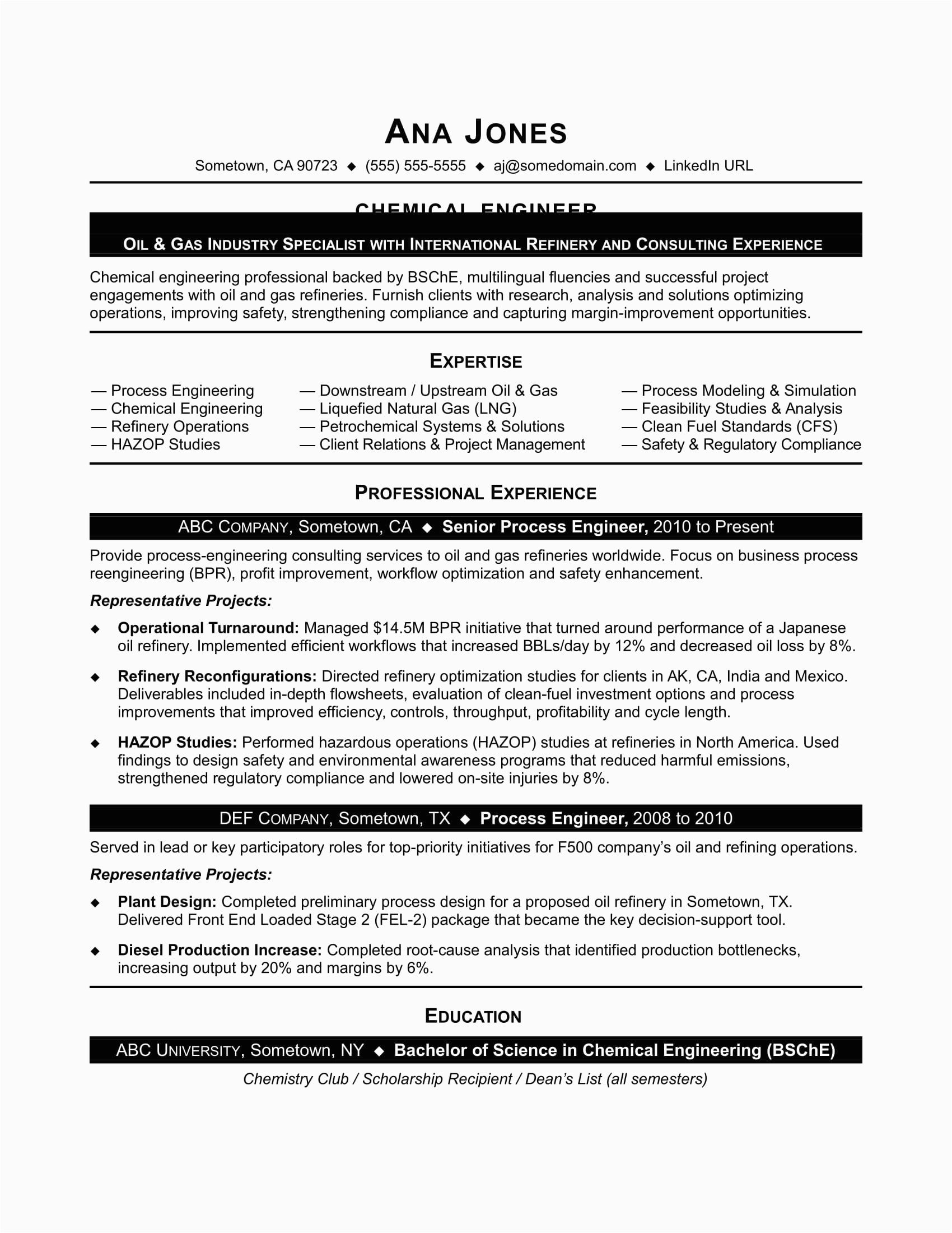 Sample Resume for Chemical Engineering Internship Sample Resume for Entry Level Chemical Engineer