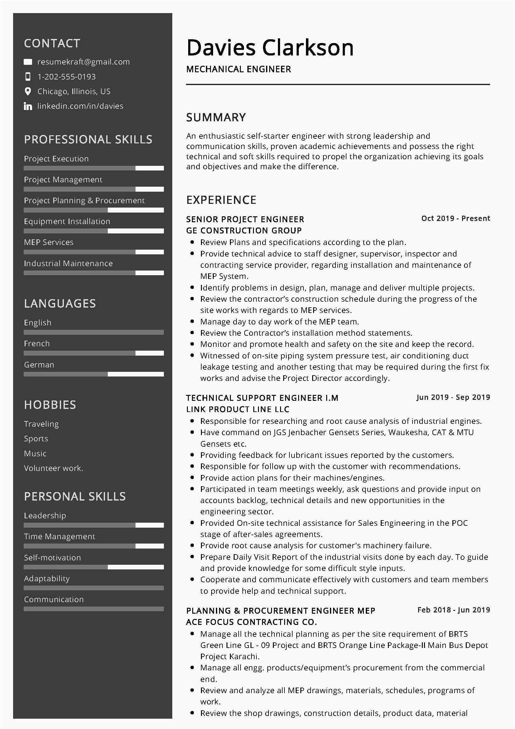 Sample Resume For Experienced Mechanical Engineer Free Download